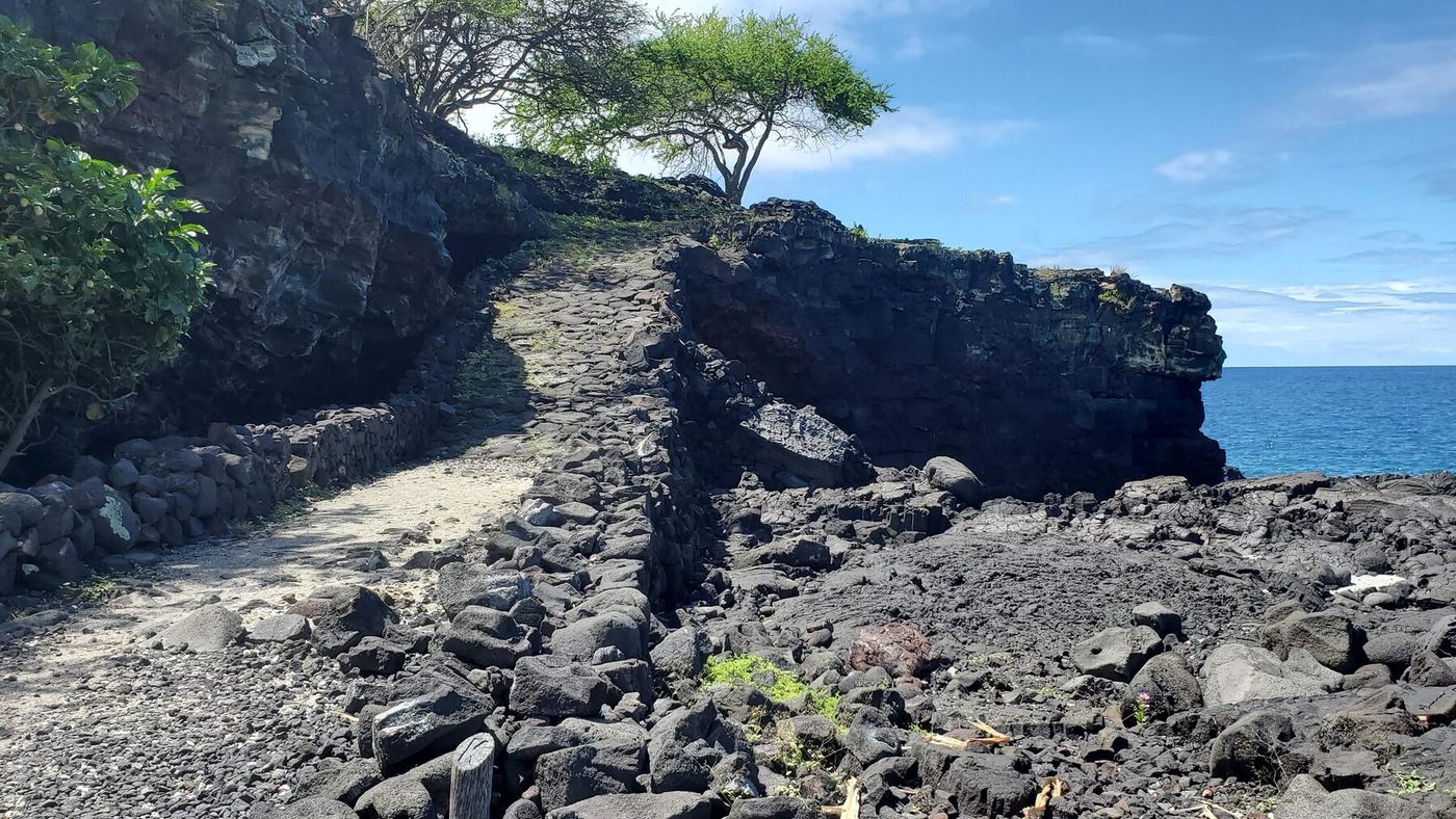 The Alahaka Ramp, a stone path rising over rough lava rock on the South Kona coast of Hawaiʻi Island
